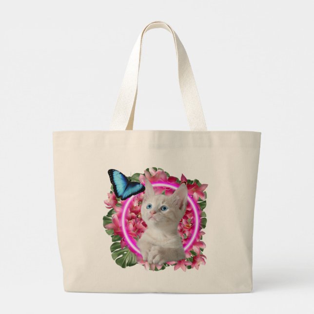 Cute Kitten med blå fjäril på neontropiska Jumbo Tygkasse (Baksida)