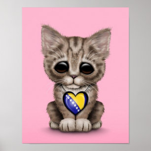 Cute Kitten med Bosnien-Hercegovina Heart, rosa Poster