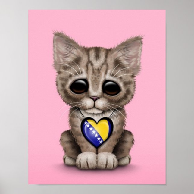 Cute Kitten med Bosnien-Hercegovina Heart, rosa Poster (Framsidan)