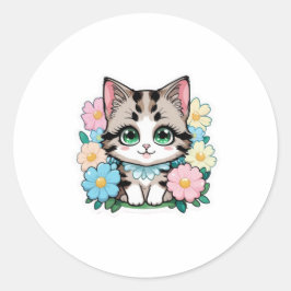 Cute Kitten med Flowers Sticker Runt Klistermärke