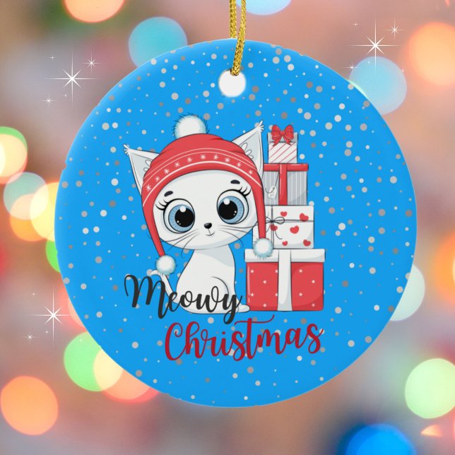 Cute Kitten med gåvor God jul Julgransprydnad Keramik (Skapare uppladdad)