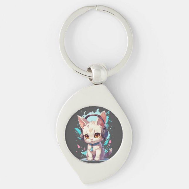 Cute Kitten med hörlurar Magic Swirl Silverfärgad Nyckelring (Framsidan)