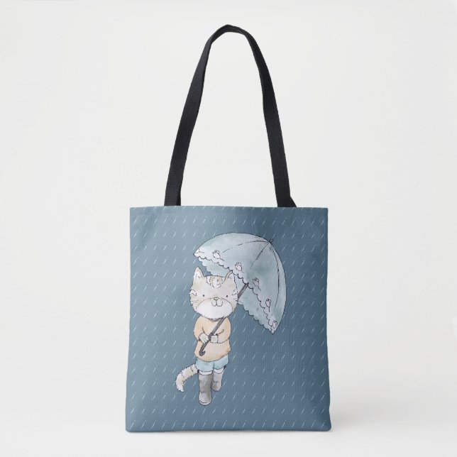 Cute Kitten med Paraplla i Rain illustration Tygkasse (Framsida)