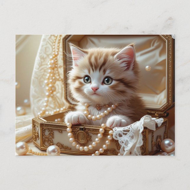Cute Kitten med Pearls Sitta i en Smyckeskrin Vykort (Framsida)