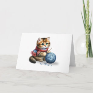 Cute Kitten med Scarf och Blue Yarn Blank Hälsning Kort