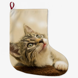 Cute Kitten med utdragen Tass Stor Julstrumpa