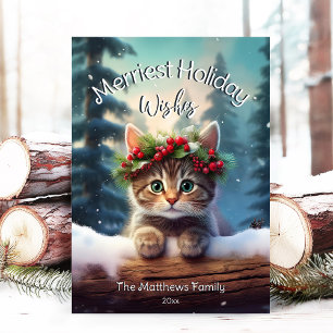 Cute Kitten Merriest jul Snowing Woodland Julkort