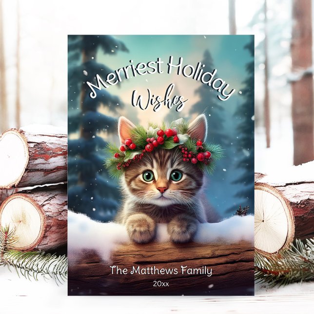 Cute Kitten Merriest jul Snowing Woodland Julkort (Adorable Winter Snowy Scene With Peeking Dogs or Farm/Woodland Animals - Over 50 to Choose From!)