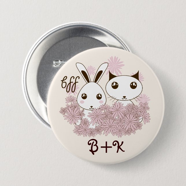 Cute Kitten och Bunny Animal Friends Girls Kids Knapp (Framsida & baksida)