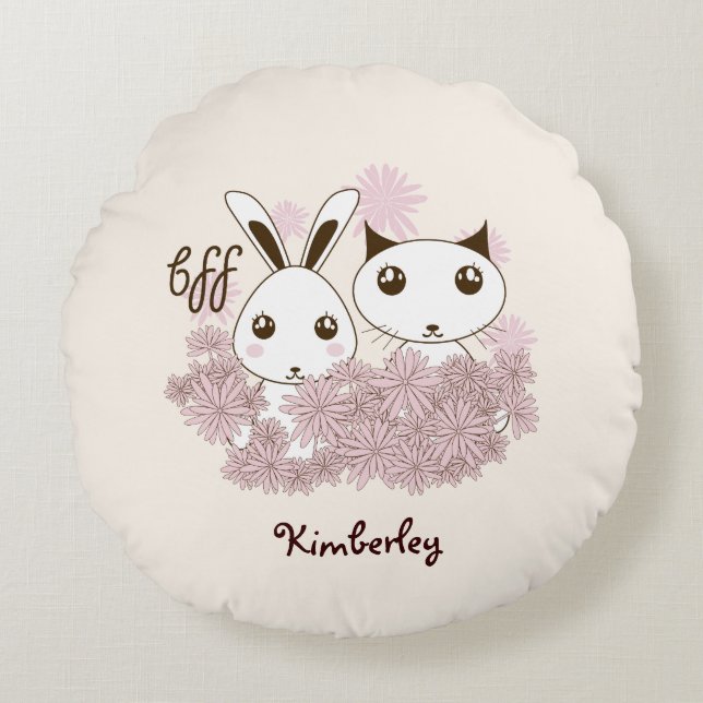 Cute Kitten och Bunny Animal Friends Girls Kids Rund Kudde (Framsidan)