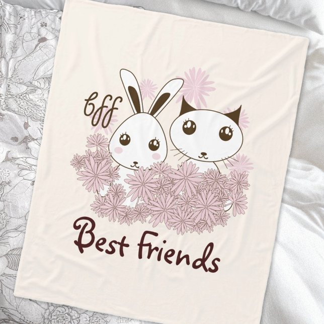 Cute Kitten och Bunny Animal Friends Kids Girls Fleecefilt (Skapare uppladdad)