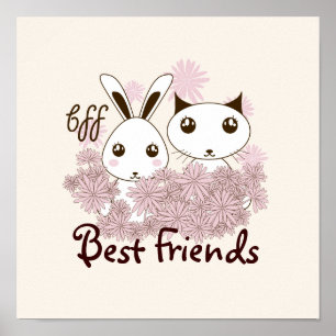 Cute Kitten och Bunny Animal Friends Kids Room Poster