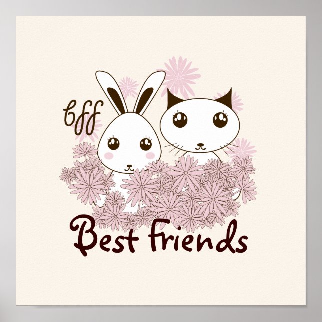 Cute Kitten och Bunny Animal Friends Kids Room Poster (Framsidan)