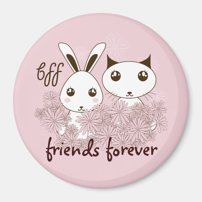 Cute Kitten och Bunny Friends Forever Girl Rosa Magnet (Framsidan)