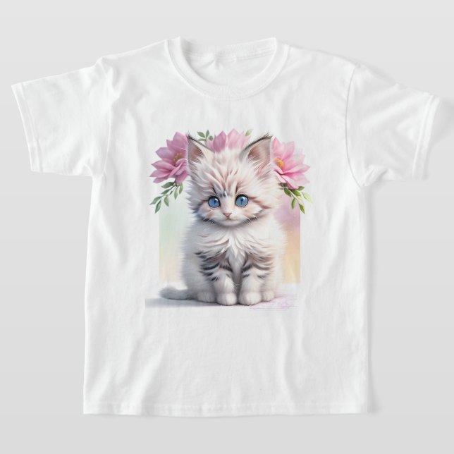 Cute Kitten och Flowers T Shirt (Laydown)