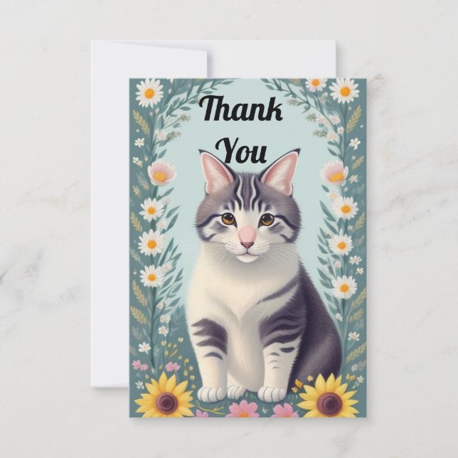 Cute Kitten och Flowers Tack Kort (Framsida)