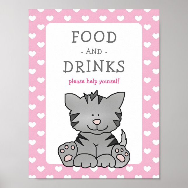 Cute Kitten och Hearts Food and Drinks Baby Shower Poster (Framsidan)