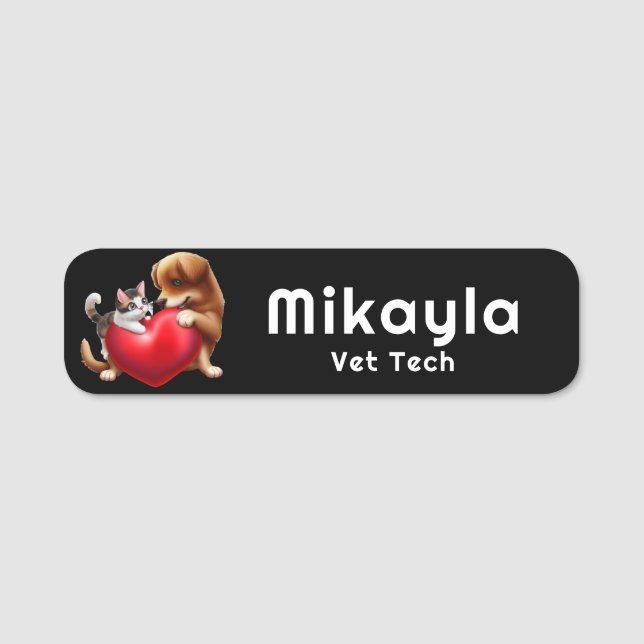 Cute Kitten och Puppy och Heart Namnbricka (Framsida)