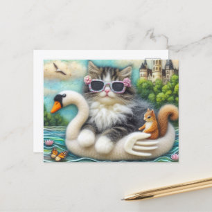 Cute Kitten och Squirrel Woolen Svan Boat Vykort