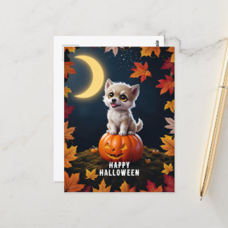 Cute Kitten på en Pumpkin med Höst löv Vykort