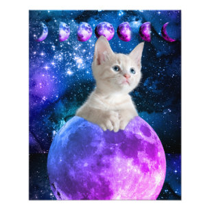 Cute Kitten på Måne Glowing Stars Universe Vs3 Fototryck