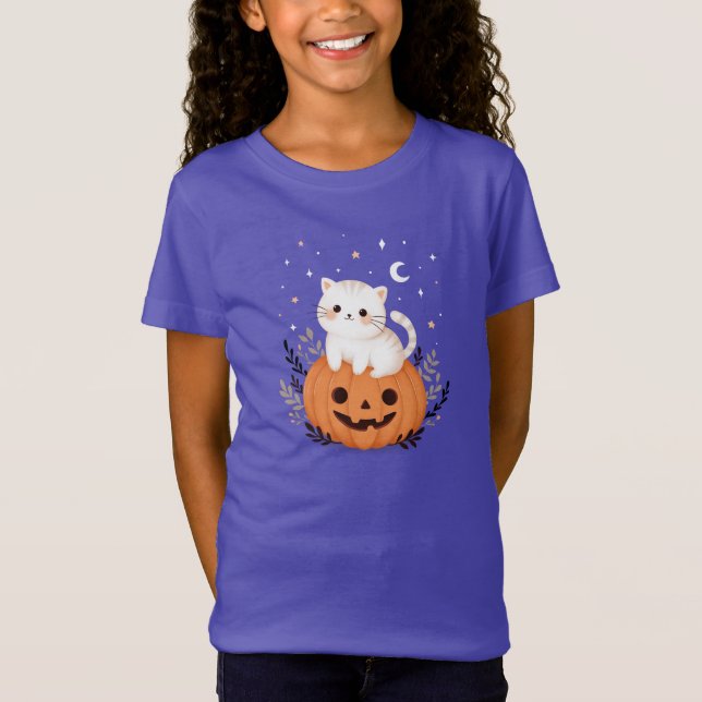 Cute Kitten på Pumpkin Halloween Illustration T Shirt (Framsida)