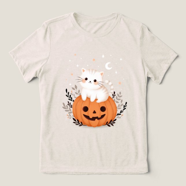 Cute Kitten på Pumpkin Halloween Illustration T Shirt (Design Framsida)