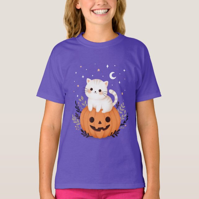 Cute Kitten på Pumpkin Halloween Illustration T Shirt (Framsida)