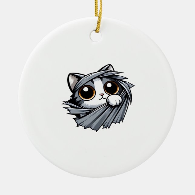 Cute Kitten Peeking genom Torn Trasa Julgransprydnad Keramik (Framsidan)