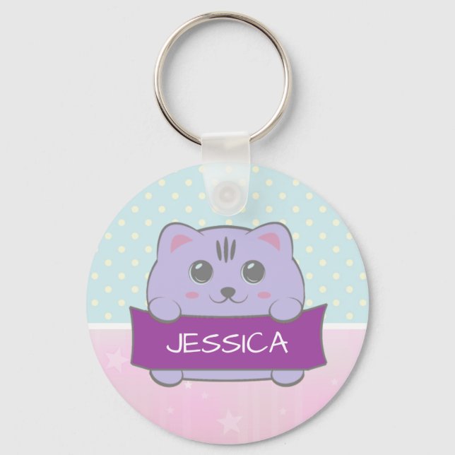 Cute Kitten Personalized Polka Dot Nyckelring (Framsida)