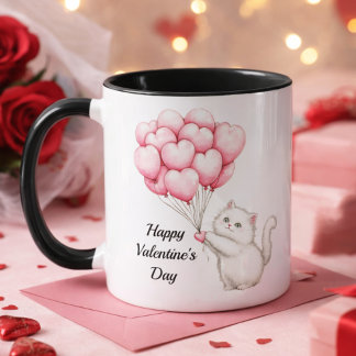 Cute Kitten Pink Heart Balloons Valentine’s Day Mugg