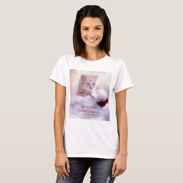 Cute Kitten Resten på jultomten Meowy-jul T Shirt (Hel framsida)