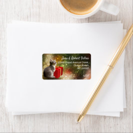 Cute kitten röd presentbox, färglös festiv anpassn adressetikett