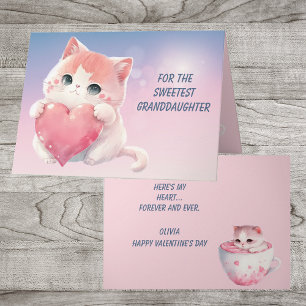 Cute Kitten Rosa Heart Granddottine Valentine Helgkort