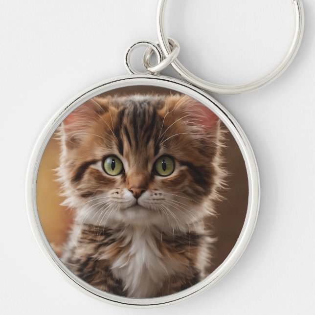 Cute Kitten Rund Silverfärgad Nyckelring (Framsidan)