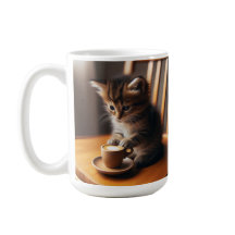 Cute Kitten sitta i en stol med kopp.