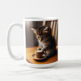 Cute Kitten sitta i en stol med kopp. Kaffemugg