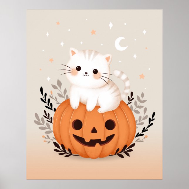Cute Kitten Sitting On Pumpkin Modern Halloween  Poster (Framsidan)