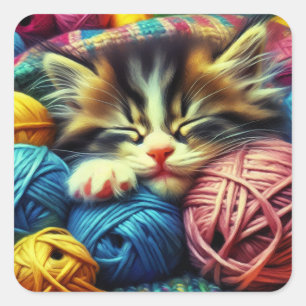 Cute Kitten Sleeping under en Blanket Fyrkantigt Klistermärke