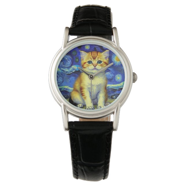 Cute Kitten Starry Night Van Gogh Armbandsur (Framsida)