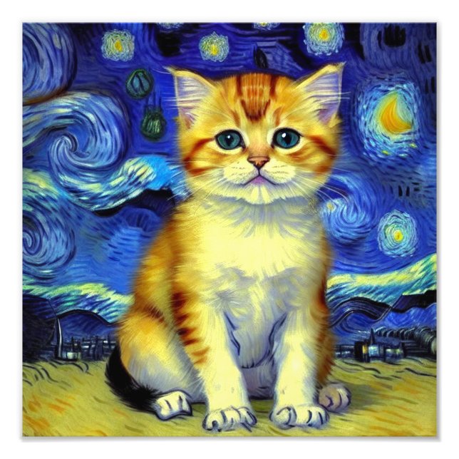 Cute Kitten Starry Night Van Gogh Fototryck (Framsidan)