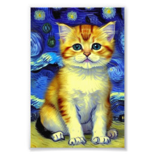 Cute Kitten Starry Night Van Gogh Fototryck