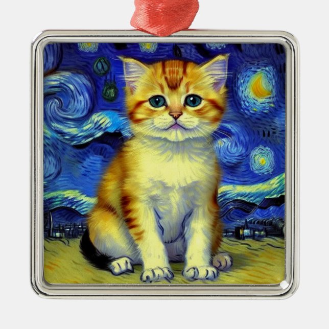 Cute Kitten Starry Night Van Gogh Julgransprydnad Metall (Framsidan)