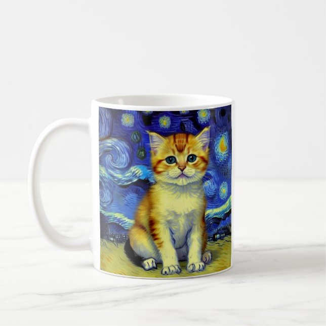 Cute Kitten Starry Night Van Gogh Kaffemugg (Vänster)
