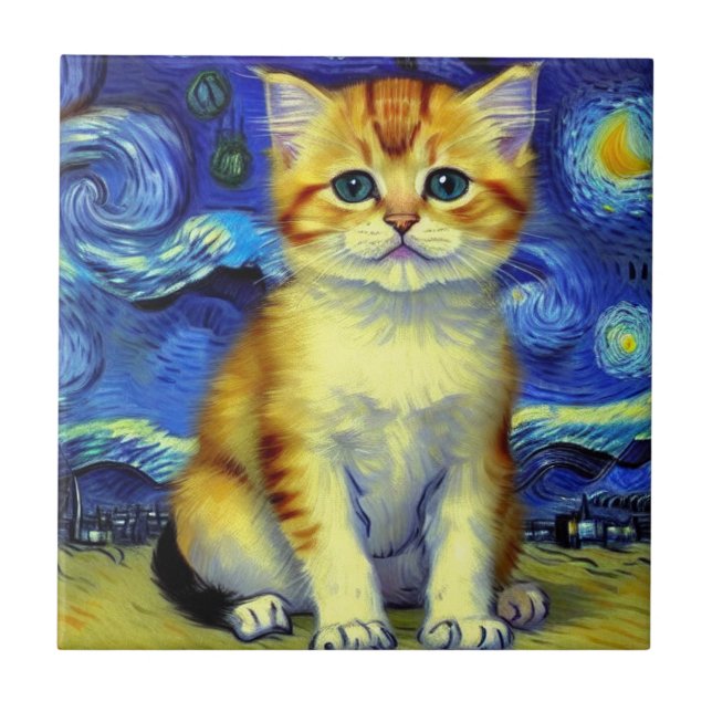 Cute Kitten Starry Night Van Gogh Kakelplatta (Framsidan)