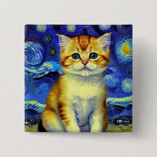 Cute Kitten Starry Night Van Gogh Knapp (Framsida)