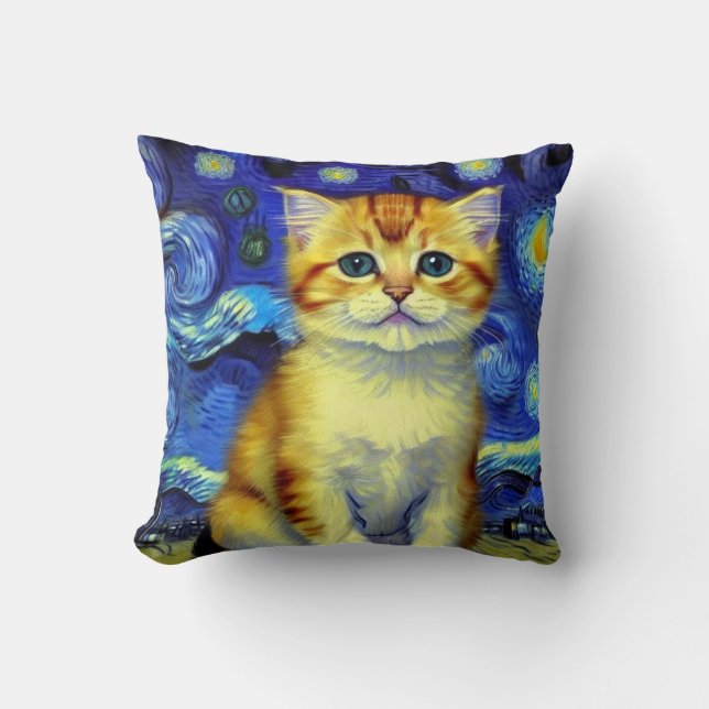 Cute Kitten Starry Night Van Gogh Kudde (Framsida)
