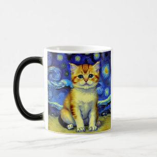 Cute Kitten Starry Night Van Gogh Magisk Mugg
