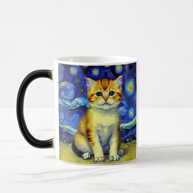 Cute Kitten Starry Night Van Gogh Magisk Mugg (Vänster)