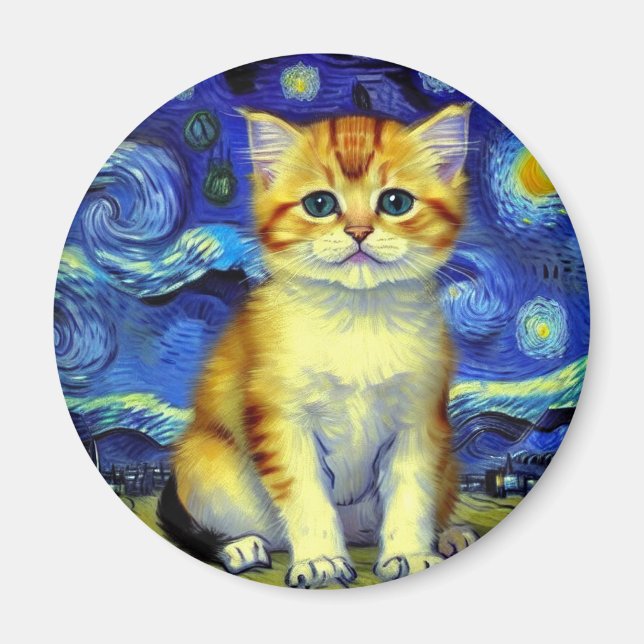 Cute Kitten Starry Night Van Gogh Magnet (Framsidan)